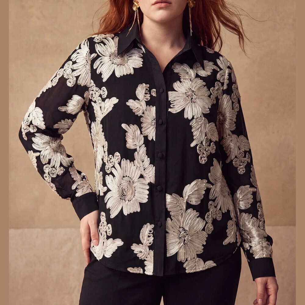 Black / Cream Floral Patterned Chiffon Button Front Collared Long Sleeve Blouse